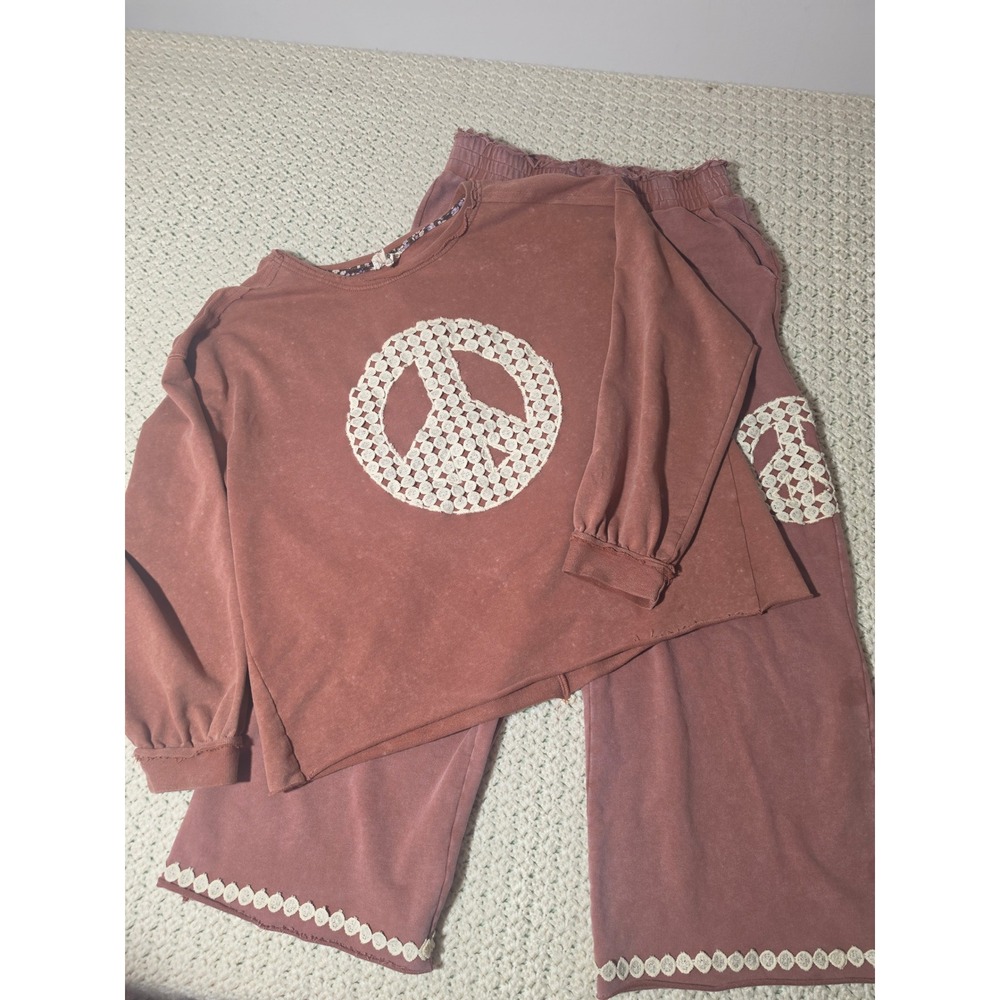 Umgee Peace Sign Lounge Set Womens Medium Rose Pink Good Crochet Mineral Wash